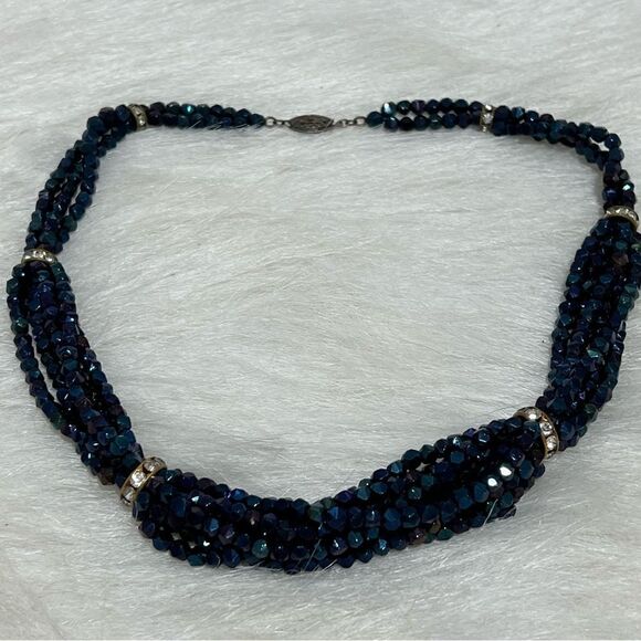 Vintage Iridescent‎ Blue Beaded Diamondesque Rope Choker Necklace - Picture 7 of 11